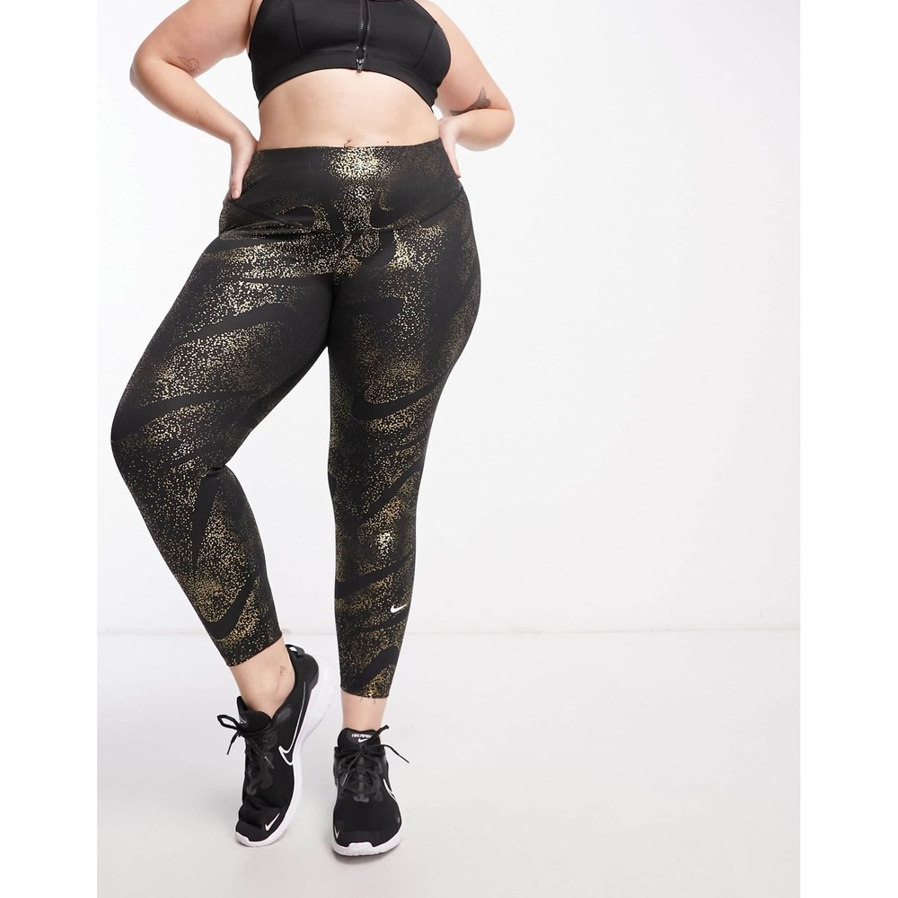 Nike One Womens 3X Training Leggings Black Gold Metallic Foil Swirl
